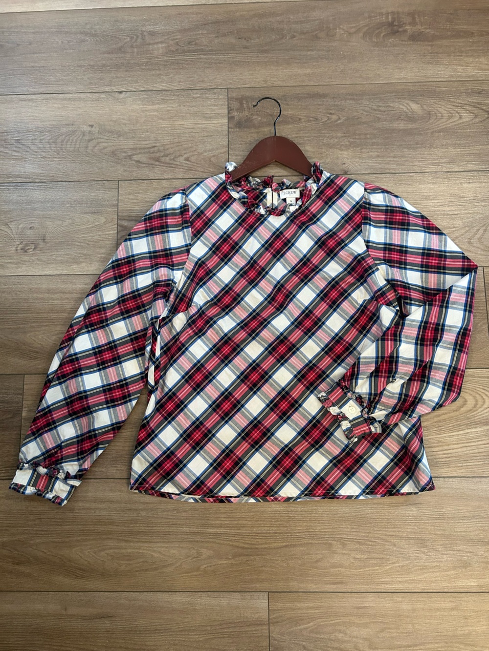J.Crew Re-Imagined Plaid Ruffle Neck Blouse Top Small Holiday Cotton